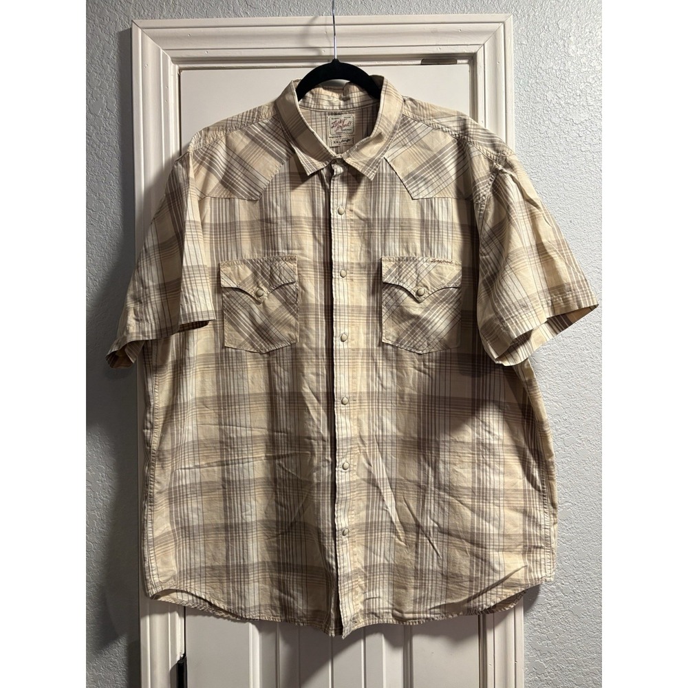 Lucky Brand Western Snap Button‎ Plaid Shirt Mens XXL Tan Beige Short Sleeve